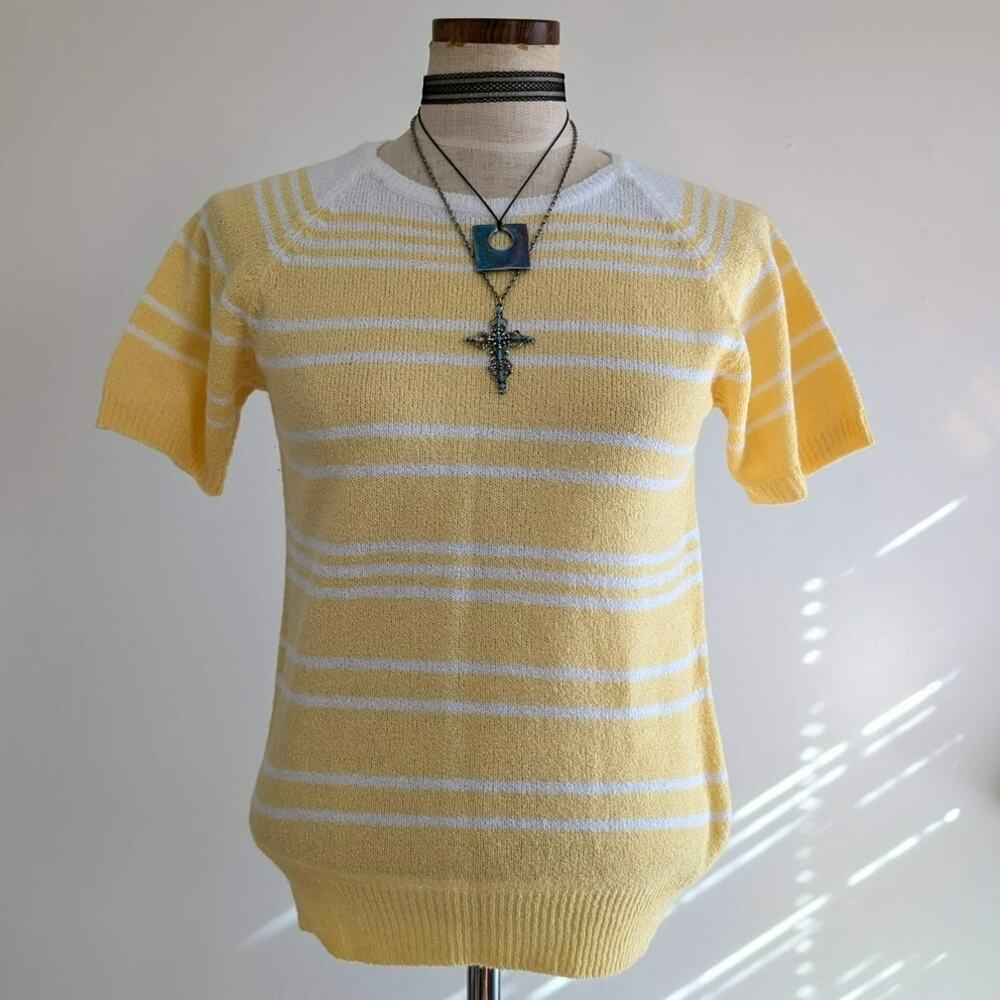 Vintage 90s Yellow White Striped Knit Top S Basic Editions Short Sleeve Sweater